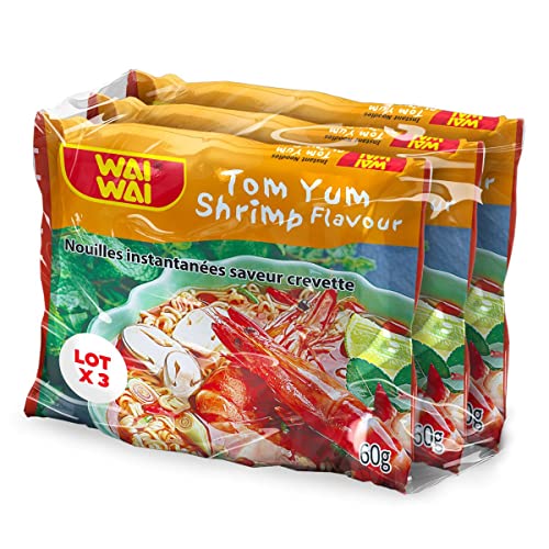WAI - Lote de 3 fideos instantáneos asiáticos con sabor a gambas (3 x 60 g)