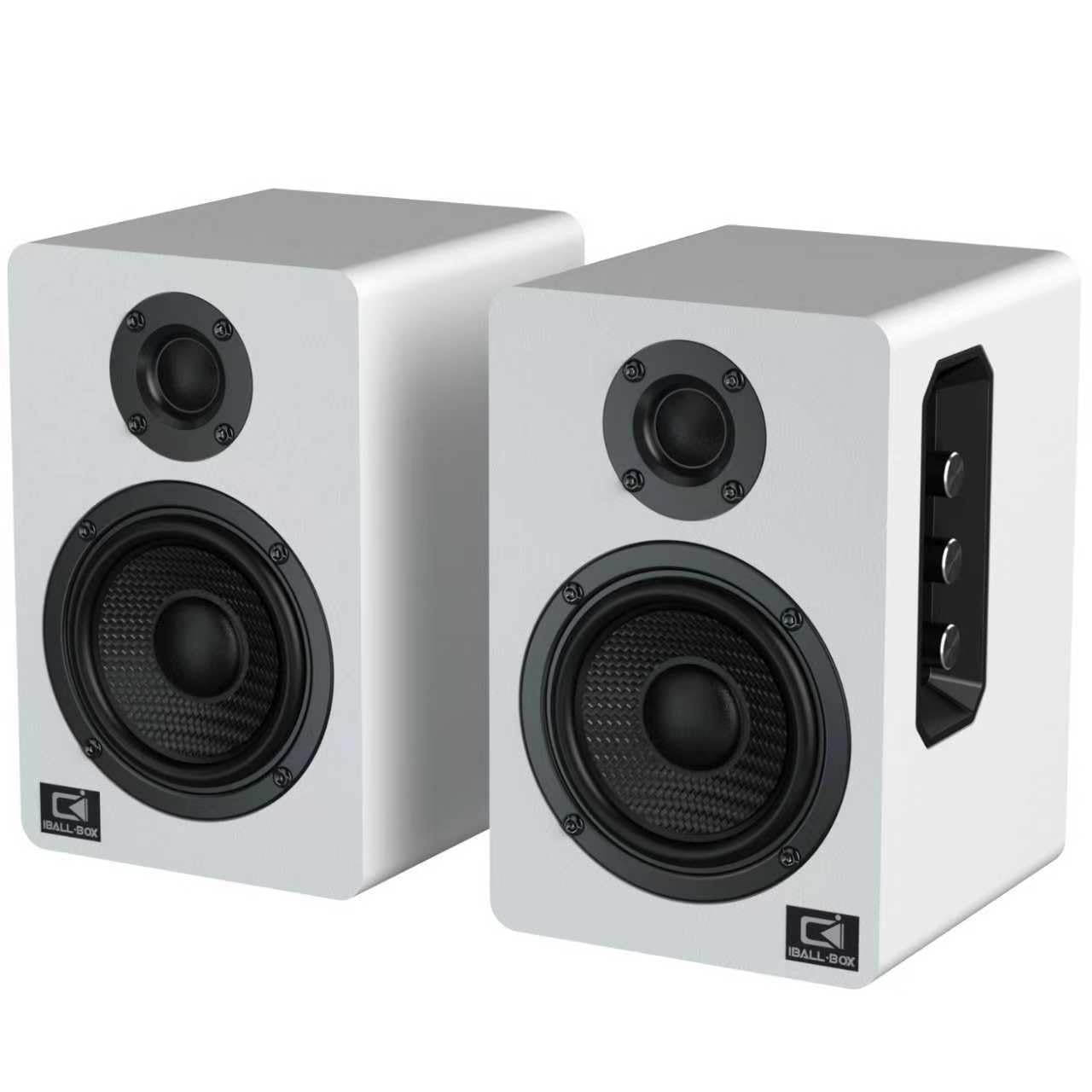 harmonische hi-fi-lautsprecher aus weissem metall mit carbon-fiber-woofer