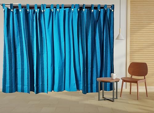 Image of 8 Feet Cotton Stripe and Solid Combo Light Filtering Semidarkening Button Type Tab Top Loop Curtains for Long Door or Lobby Room, Blue Multi, Set of 3 Pieces.