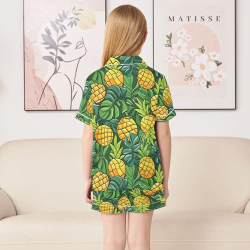 ALAZA Tropical Leaf Pineapple Green Pajamas Satin Pajama Set Short Sleeve Button Down Sleepwear4