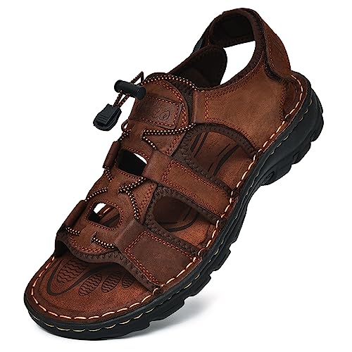Mens Open Toe Athletic Sandals Nubuck Coffee Brown Leather Upper Men's Summer Casual Sandal Shoe for Beach Sports Outdoor Adventures Size 142