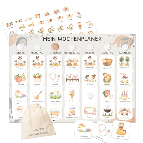 JEKA Wochenplaner Kinder mit Klettpunkten Montessori Tagesplan mit 350 Routinekarten visueller Routineplaner für Kinder (Elefant)