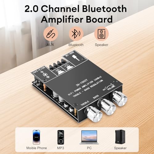 Image of Daakro ZK-1002T Bluetooth Amplifier Board,100W+100W 2.0 Channel Amp Board with Treble /Bass Control,DC 12-24V, Bluetooth and AUX Inputs, Audio Amp Board for Home DIY Wireless Speakers, Password Free