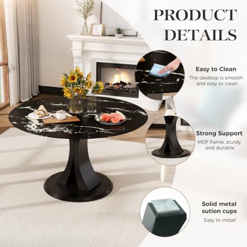 Image of 7-Piece Dining Table Set for 6 with 47 In Black Faux Marble Round Table | Circle Dining Room Table with 6 Velvet Upholstered Chairs, Modern Scandinavian Furniture for Dining Room Kitchen (Bule)
