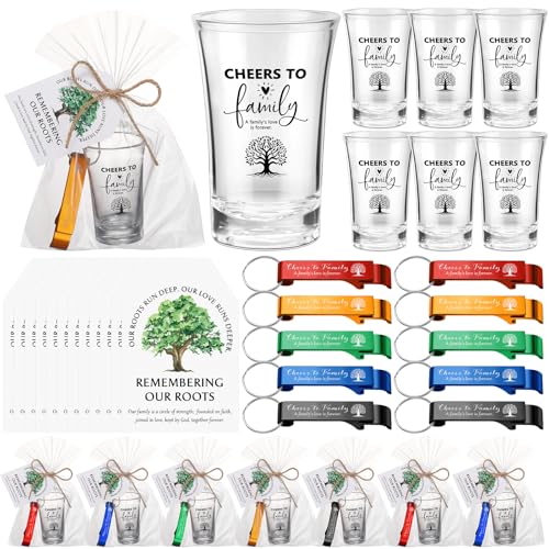 Tioncy 50 Set Family Reunion Party Favors 2 oz Acrylic Shot Glasses Cheers to Family Bottle Opener Card Reunion Gifts for Gathering