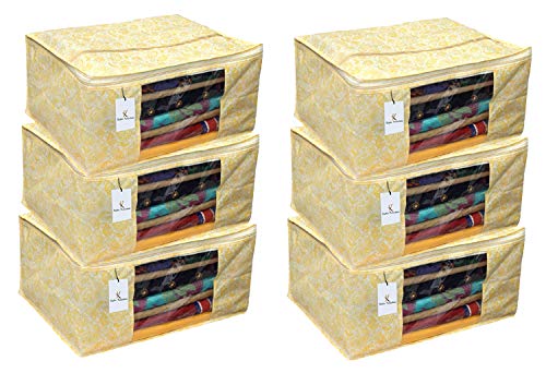 Image of Kuber Industries 6 Pieces Non Woven Wardrobe Organizer Saree Cover Set, Gold, Pack of 6 (SCY03)