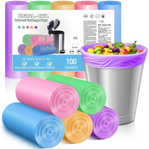 XUXRUS Bolsas de Basura 15-20 L de Colores, Resistentes y Duraderas, Antidesgarro y Antifugas, 100 Bolsas Basura para Baño, Cocina y Oficina, Fáciles de Usar