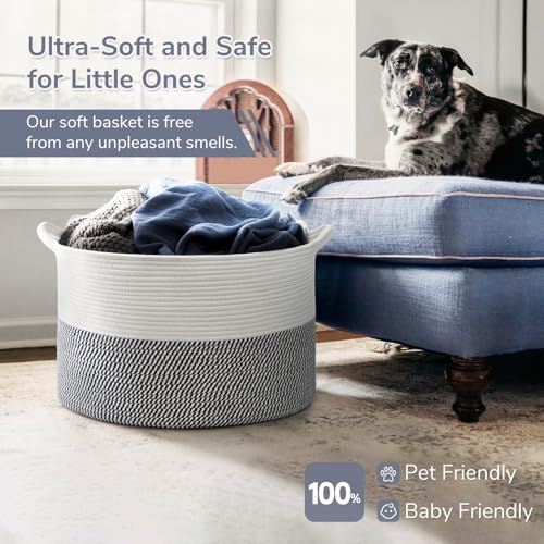 Image of INDRESSME XXXLarge Cotton Rope Basket 21.7 inch x 21.7 inch x 13.8 inch Woven Baby Laundry Baskets Blanket Basket Toy Baskets with Handle Storage Comforter Cushions Navy Laundry Hamper