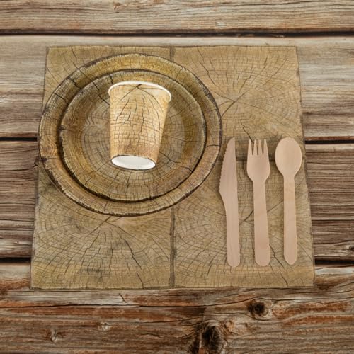 Set di stoviglie effetto legno per 30 ospiti, piatti di carta, bicchieri, tovaglioli e posate in legno, per matrimoni e picnic, compleanni, feste di Natale - immagine 5