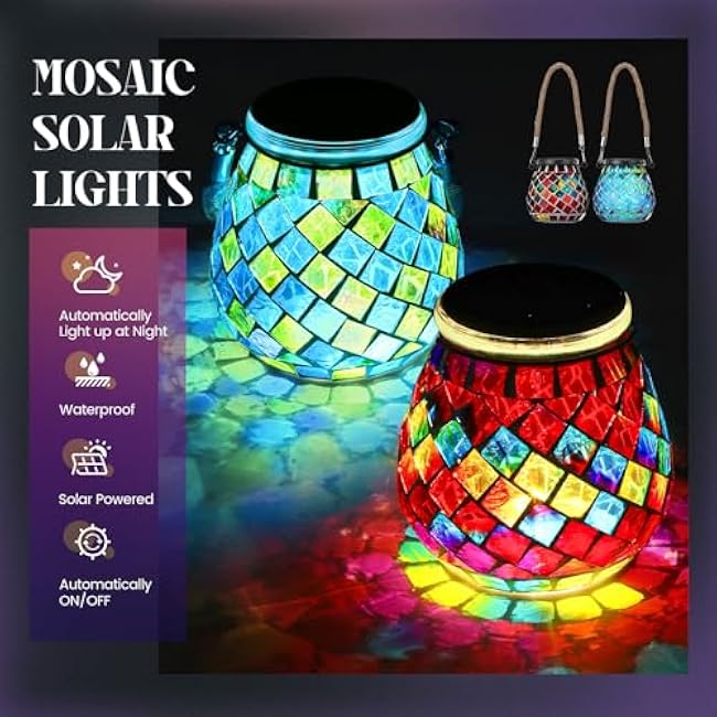 4 Pack Mosaic Solar Lights Outdoor Hanging Lanterns Waterproof Mosaic Lamp Decorative Solar Lanterns Night Lights for Garden, Patio, Yard, Holiday Party Outdoor Indoor Decoration