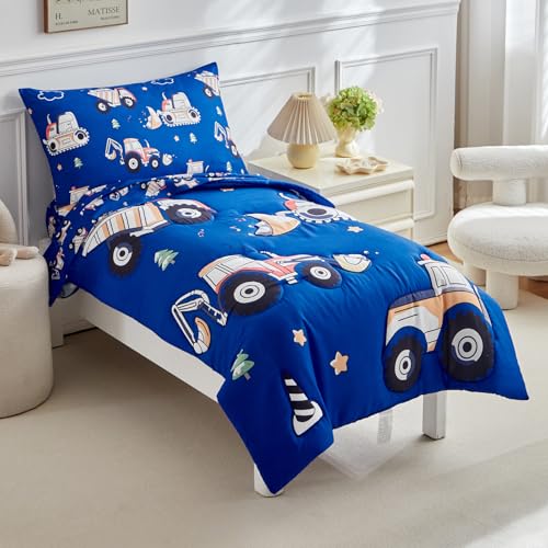 Image of Construction Toddler Bedding Set for Boys,4 Pieces Blue Toddler Comforter Set,Truck Vehicles Excavator Cars Printed,Soft Crib Bed Sheets Set Includes Comforter,Flat Sheet,Fitted Sheet and Pillowcase