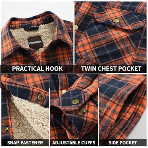 Image of Men's Sherpa Cotton Flannel Shirt Jacket Plaid Button Coat Pocket