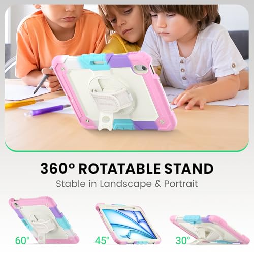Image of SEYMAC Kids Case for iPad Air 11 Inch M4 / M3 / M2 (2026 /2025 / 2024), Heavy Duty Shockproof Protective Case with Screen Protector, Rotating Stand and Hand /Shoulder Strap, Colorful Pink