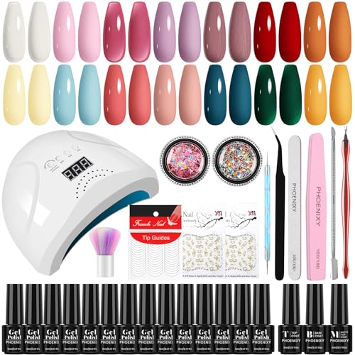 Phoenixy Kit Uñas Semipermanentes, 14 Colores Kit de Uñas Semipermanentes con 48W U V/LED Lámpara, Uñas Semipermanentes Kit Completo con Pegatinas para Uñas