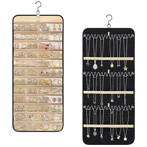 TeJoyce 吊り下げジュエリーオーガナイザー ハンガー付き 両面ウォールポケット 透明 アクセサリー収納 回転式壁掛けポケット ピアス ネックレススタンド ヘアリング ネクタイ小物 ヘアゴム入れ ヘアピン収納 ブレスレット イヤリング 時計 吊り下げ収納バッグ Jewelry Hanging Organizer (大型サイズ)