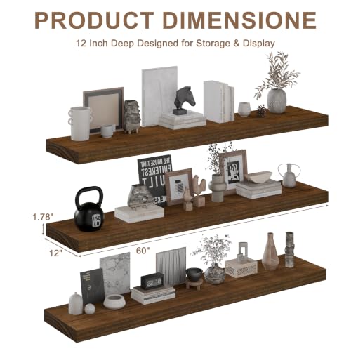 Image of 48-Inch Floating Shelves, Set of 3, 12-Inch Deep Extra-Thick Solid Paulownia Wood Wall Shelves, Heavy Duty Storage Ledges for Kitchen, Living Room, Bedroom & Bathroom, Walnut