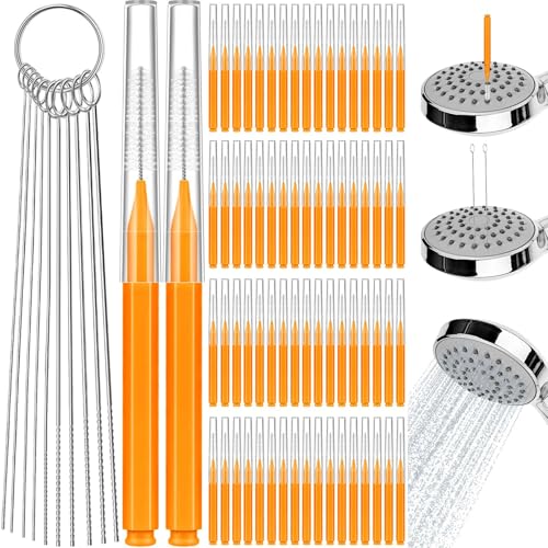 80 Pcs Shower Head Cleaner Tool 70 Pcs Shower Head Cleaning Brush Picks for Unclogging Small Hole 10 Pcs Functional Nozzle Unclogger for Showerhead with Storage Box for Household Bathroom (Orange)
