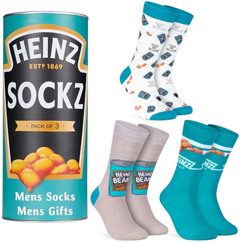 Heinz Mens Socks Pack of 3 Ketchup Baked Beans Crew Socks for Men Teenagers Soft Breathable Size 9-12 Gifts for Him (Teal Beans)