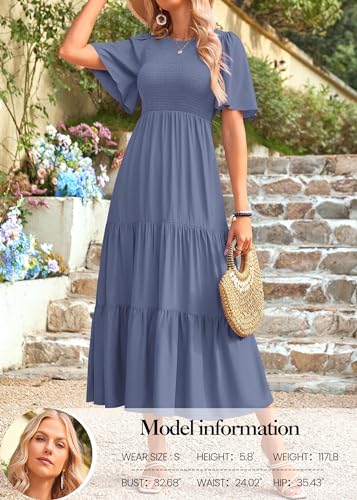 Image of KIRUNDO Summer Dresses for Women 2026 Spring Casual Flutter Short Sleeve Wedding Guest Smocked Flowy Tiered Aline Midi Dress