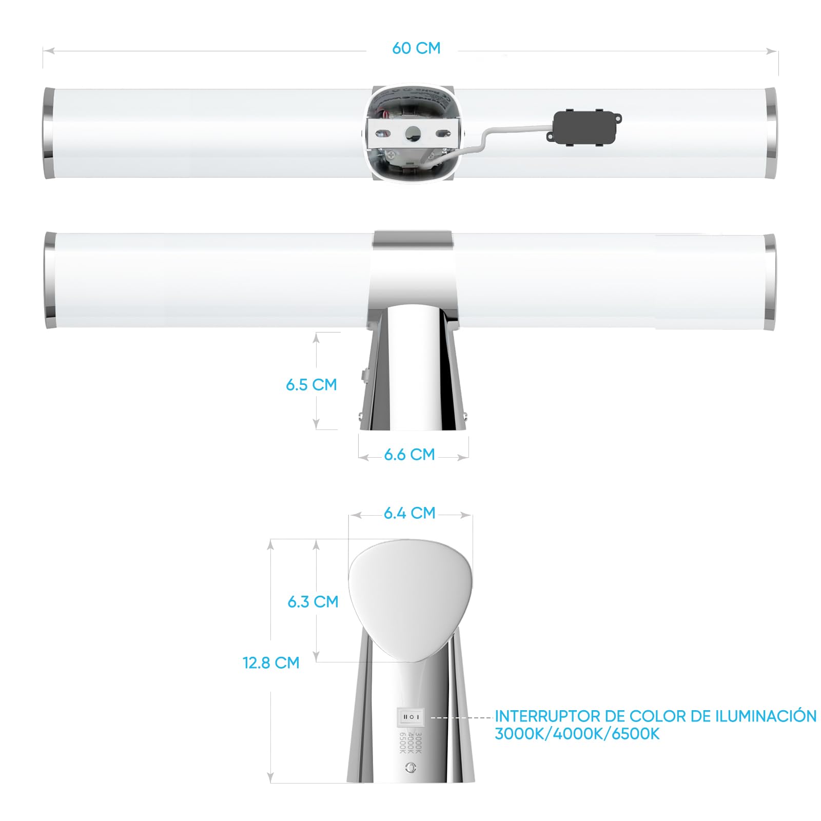 Lampara Aplique de Pared para Luz Espejo y Armario de Baño LED, Longitud 60CM Plateada Lampara, 15W 1500Lm No Regulable Iluminación, IP44 Resistente al Agua, Luz Cálida Neutra Fría