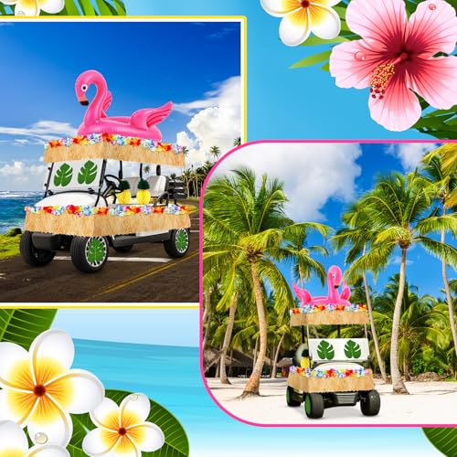 Image of WinnerWhy 29 Pcs Summer Tropical Golf Cart Parade Decorations Tropical Flower Leis Tinsel Garland Grass Fringe Banner Inflatable Flamingo Tube Paper Pineapples Leaves for Luau Party Supplies