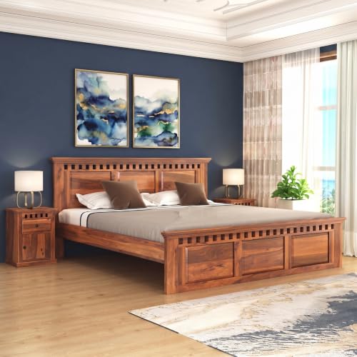 Image of Solid Sheesham Wood King Size Bed with Headboard, Without Storage Cot, Double Bed Furniture for Livingroom, Bedroom, Guestroom, Hotelroom Areas