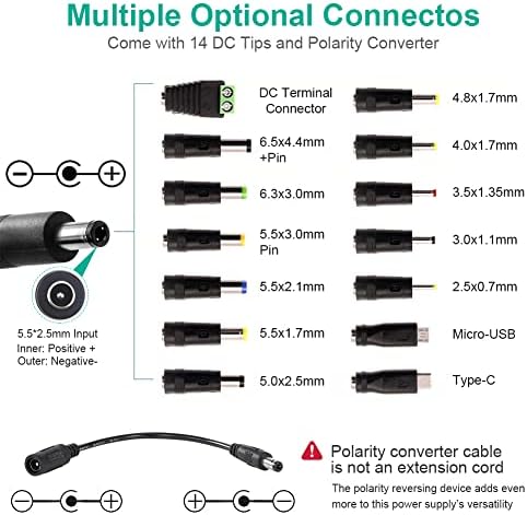 Wefomey Universal Power Adapter Adjustable DC 3V ~ 24V Variable Switching AC Supply Adapter 100V-240V to DC 24V 5A 120W Converter with 14 Different Plugs & Polarity Converter - 5000mA Max