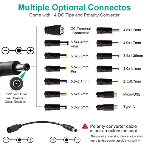 Wefomey Universal Power Supply 3V~24V 5A 120W Adjustable Variable AC/DC Adapter Charger, 100V-240V AC to DC Converter with LED Voltage Display & 14 Tips & Polarity Converter - Image 2