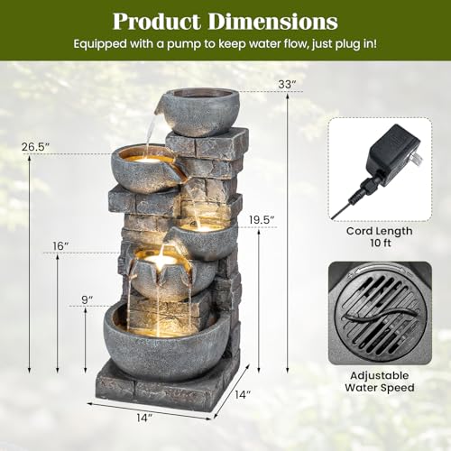 Giantex 33\'\' Water Fountain Outdoor, 5-Tier Cascading Stacked Stone Bowl Waterfall Fountain with LED Lights & Pump, Outside Water Feature for Patio, Balcony, Deck, Garden, Yard Decor