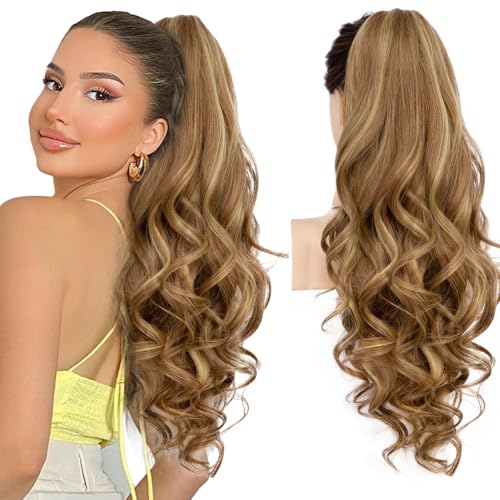 Image of N NAYASA Light Brown with Highlights Ponytail Extension,24 inch Claw Clip in Long Curly Wavy Ponytail Hair Extension Jaw Clip on Pony Tails Hairpiece for Women