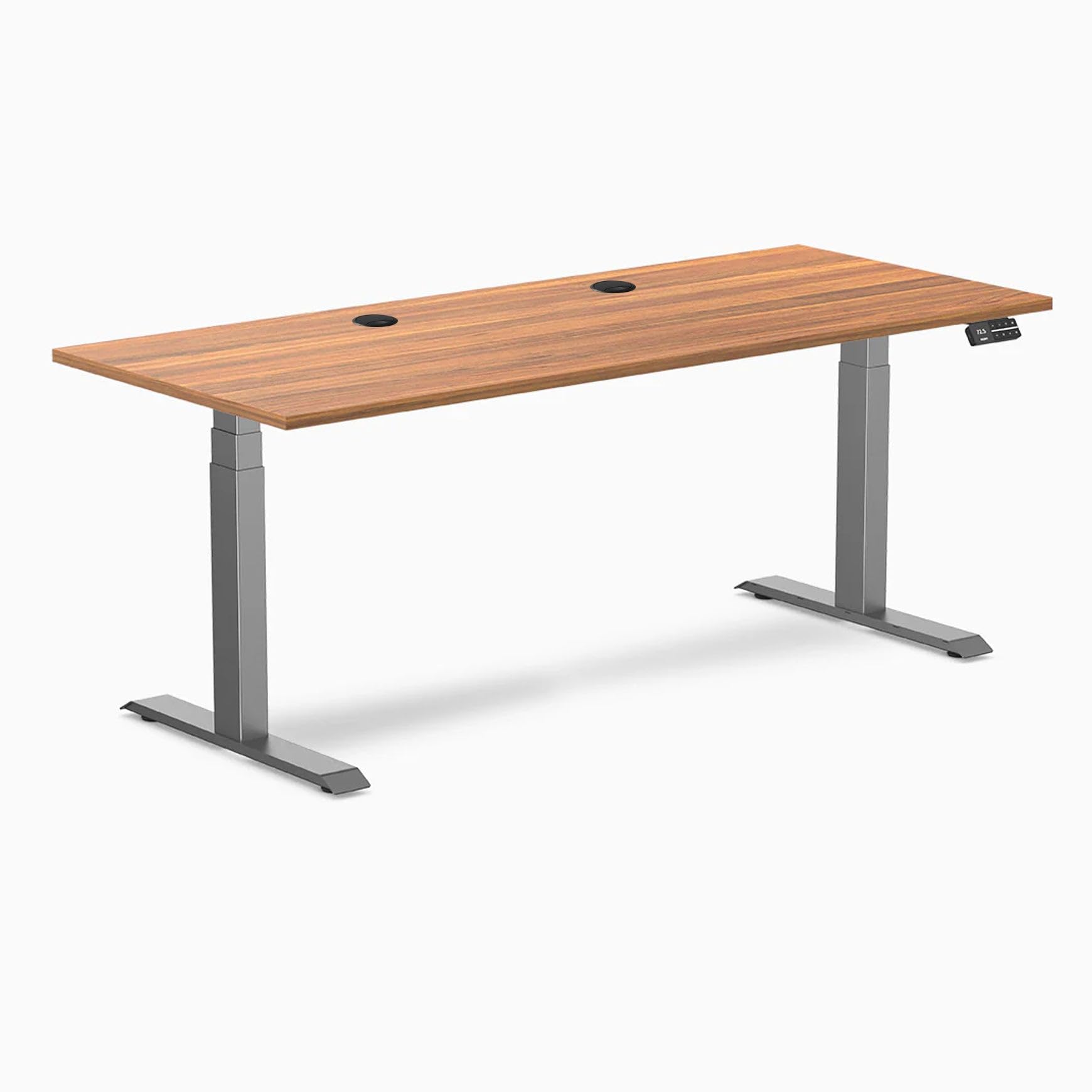 Desky Dual Laminate Sit Stand Desk Prime Oak 70.9" Grommets Space Gray