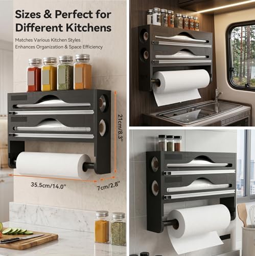 Dispensador de papel de aluminio y film de madera con soporte para rollos de cocina mural 7