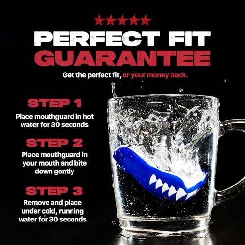 Image of SAFEJAWZ Mouth Guard, Dual Layer Mouthguard for Adults with Case, Easy Fit Remoldable Mouthpiece for Football, Boxing, Lacrosse, MMA, Basketball & All Contact Sports (Adult 12+ Years, Shark Blue)
