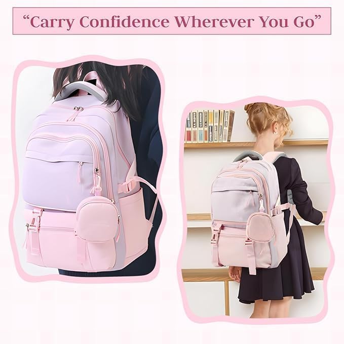 Image of Girls School Backpack with Small Zipper Pouch Fashion Nylon Backpack Multi Compartment Large Capacity Bag with Padded Shoulder Straps & Handle for School Travel Camping College