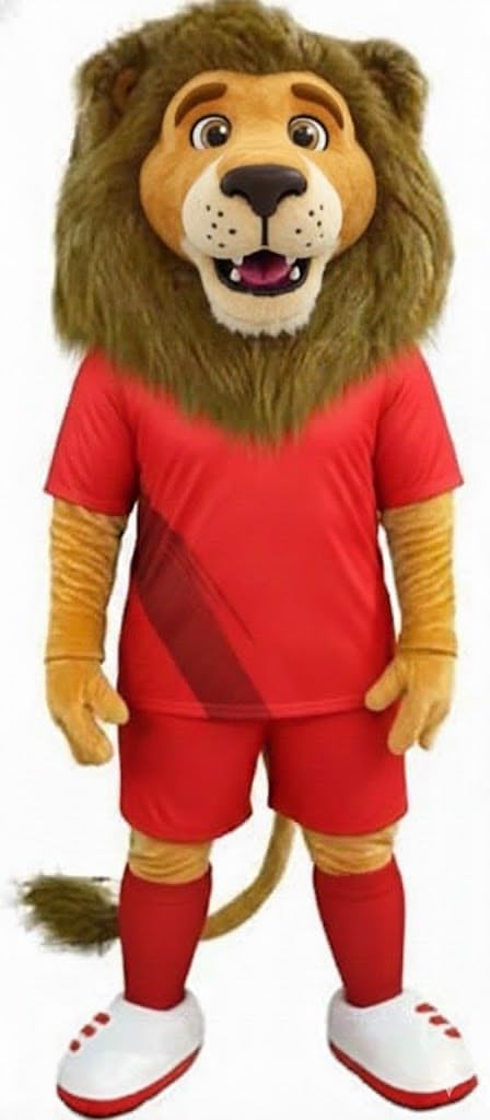 Brown Lion in Red Suit Furry Mascot Costume Adult Unisex Sports Party School Spirit Costume Birthday Party Cosplay Fancy Dress