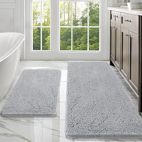 Image of OLANLY Bathroom Rugs Sets 2 Piece, Soft Absorbent Chenille Bath Mats Area Rug Set, Non-Slip, Quick Dry, Machine Washable Bath Mats for Bathroom, Home Decor Accessories (47 inchx20 inch+30 inchx20 inch, Light Grey)
