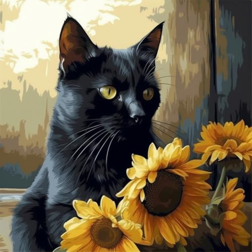 KANGBAWA Pintar por Numeros Adultos gato negro y girasol (3) Niños Principiantes para DIY Pint con 3 Pinceles y Pinturas Acrílica Decoraciones Kit para el Hogar 40 X 50cm