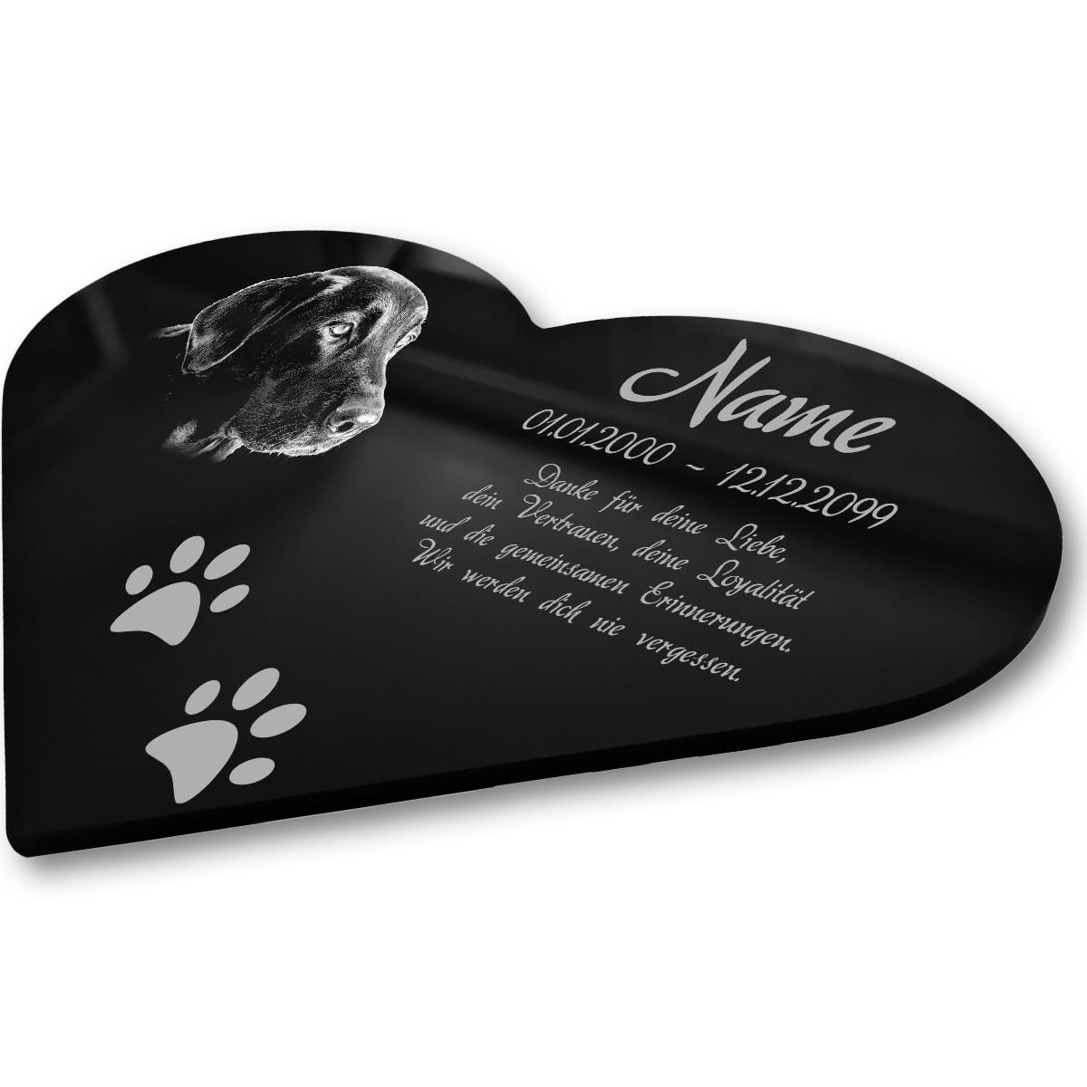 Personalisierter Tier Herz Grabstein Grabschmuck mit Foto Gravur - Acrylglas Schwarz Hochglanz 300 x 225 mm - wetterfest, für Hund, Katze und alle Haustiere, individuelles Foto und Text