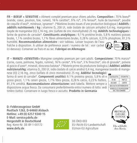 defu Hundefutter | 6 x 820 g | Bio Rind Sensitiv | Premium Bio Nassfutter Menü | Alleinfuttermittel für Hunde