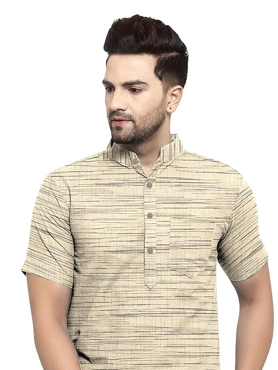Image of Khadie Cotton Blend Solid Casual Regular Fit Mandarin /Chinese Collor Short Kurta for Men