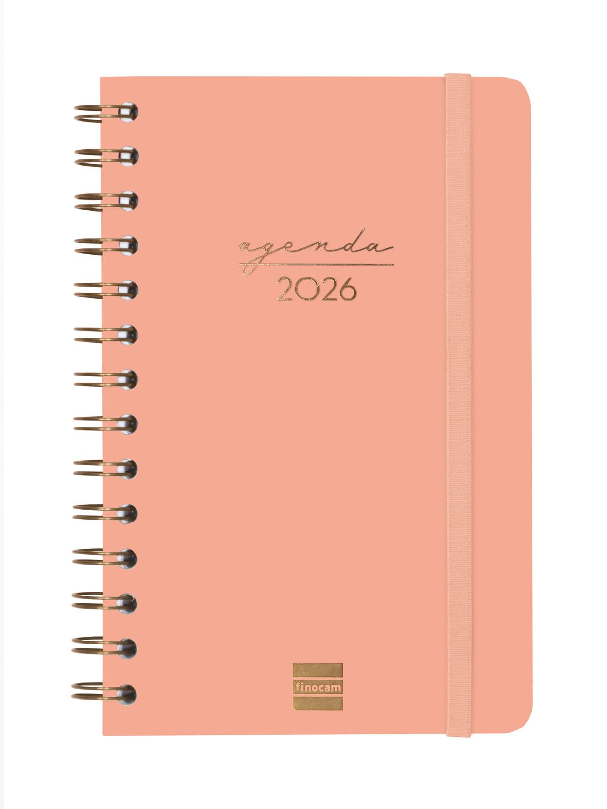 Finocam - Spiral Agenda 2026 Week to View Horizontal | January - December (12 months) | 2026 Yearly Planner with Rubber | Spiral Double Hardcover - Coral - English