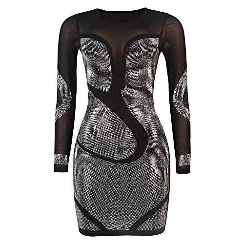 Image of PORRCEY Women's Sexy Elegant Rhinestone Mesh Party Club Night Mini Dress