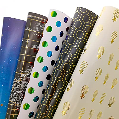Papier Cadeau Rouleau, Rouleau Papier Cadeau, Papier Cadeau 5PCS Colorés, Rouleau Papier Cadeau Enfant,Anniversaire et Noël Emballage Cadeau 50 cm x 70 cm Cover