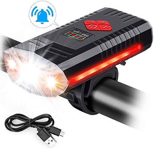 MOSFiATA USB Rechargeable Bike Light with Bell, 4 Buttons with 9 Modes, 3