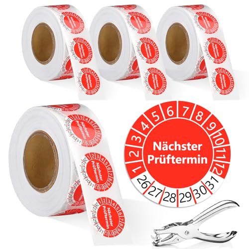 2000 Stück Prüfplaketten 20mm Prüfaufkleber 2026-2031 Nächster Prüftermin Aufkleber Auf Rolle Vinylfolie Lochzange Papier Plakette Selbstklebend für Elektrogeräte Leitern und Tritte Kabel Rot