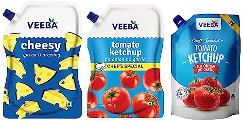 Image of Veeba CHEESY SPREAD & DRESSING (450G) TOMATO KETCHUP - NO ONION NO GARLIC CHEF'S SPECIAL (900G)