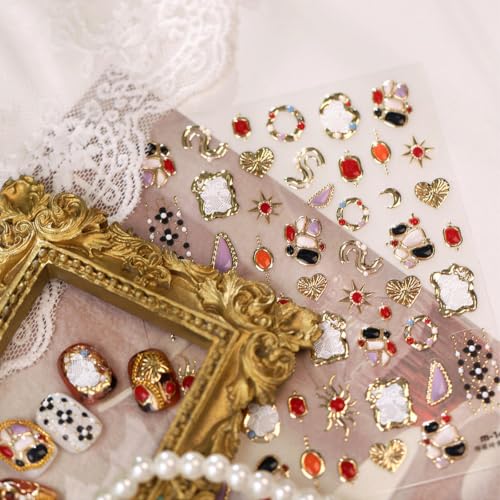 Image of Colorful Gem Nail Stickers Irregular Frame Design Vintage Nail Art Decals | Gold Metal Nail Decals 5D Self Adhesive Rhinestone Lace Nail Art Stickers for Luxury Manicure Decor Accessories 1 Sheets