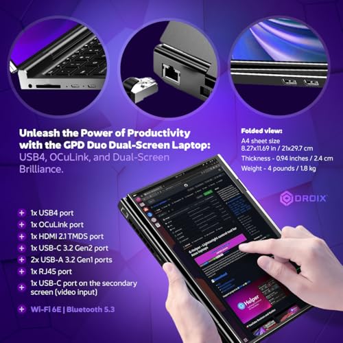 Image of GPD Duo Dual-Screen Laptop: 13.3 inch OLED Displays, AMD Ryzen AI 9 HX 370, 32GB RAM, 2TB SSD, Stylus Support, 10-Point Touch, 4096 Pressure Levels, Dual 360 Hinge, AI PC