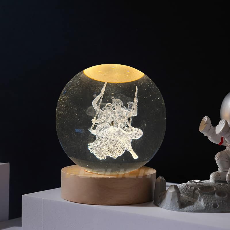 Image of 3D Radha Krishna Swing Crystal Ball Night Lamp - Radha Krishna Idol For Gift, LED Crystal Ball Night Light With Wooden Base, Spiritual Decorative Lamp For Bedroom, Temple Decor & Festival Gift