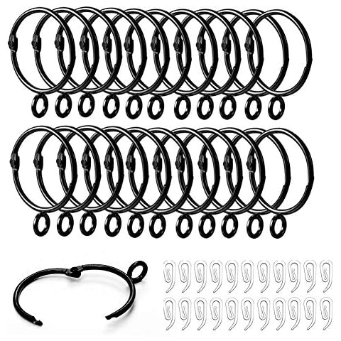 Curtain Rings and Hooks, 22 pcs 38mm Internal Diameter Curtain Rings and Plastic Curtain Hooks , The Can Be Opened and Closed,for Hanging Rings Curtains and Rods (Black-22 Pcs) Cover